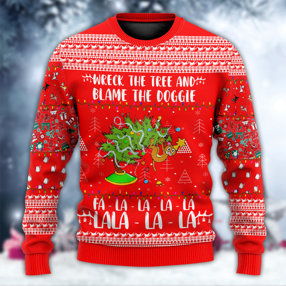 Cat Wrecks Tree Christmas Red Style – Sweater - Ugly Christmas Sweater