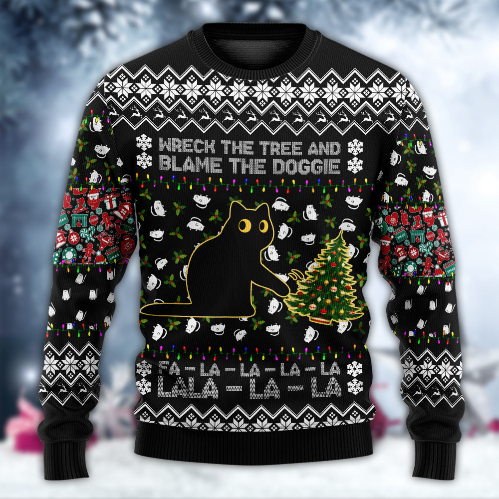 Black Cat Wrecks Tree Funny Christmas – Sweater - Ugly Christmas Sweater
