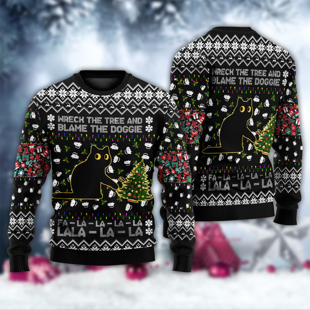 Black Cat Wrecks Tree Funny Christmas – Sweater - Ugly Christmas Sweater