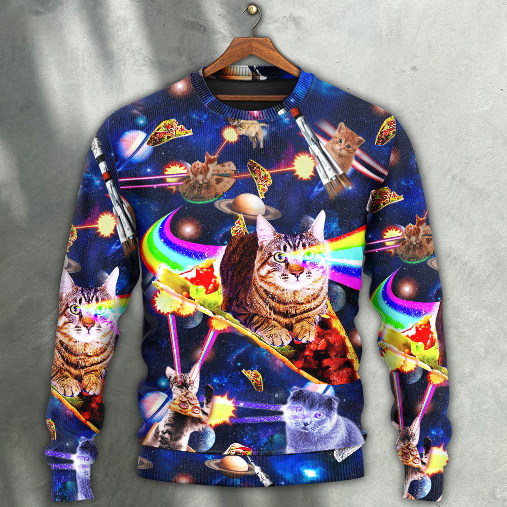 Space Cat Riding Food Galaxy Art – Sweater - Ugly Christmas Sweater