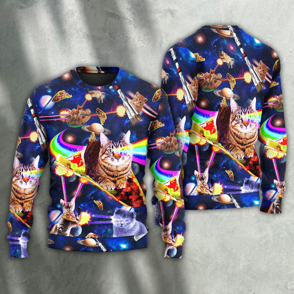 Space Cat Riding Food Galaxy Art – Sweater - Ugly Christmas Sweater