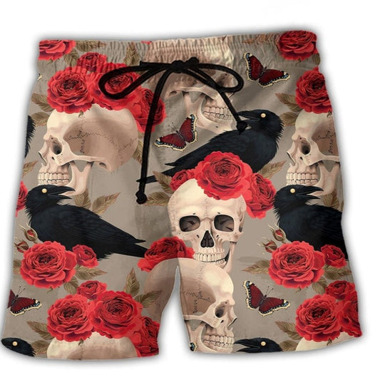 Gothic Skull With Rose And Raven – Beach Short
