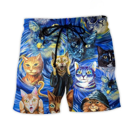 Cat Starry Night Funny Cat Painting Art Style - Beach Short