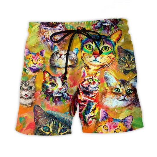 Cat Funny Lover Cat Colorful Painting Art Style - Beach Short