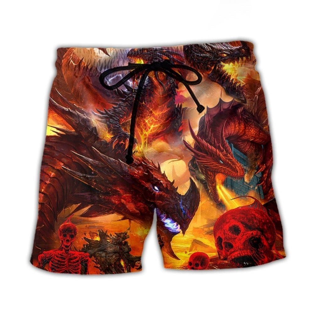 Red Dragon Skull Fire Fantasy Art – Beach Short