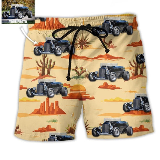 Hot Rod Cowboy Vintage Landscape Custom Photo - Beach Short