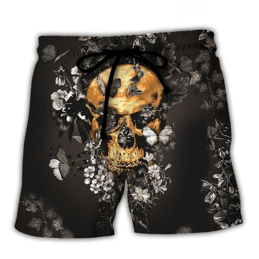 Skull And Flowers Growing From Dark Moments – Beach Short