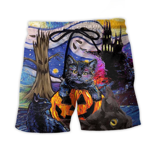 Halloween Black Cat Starry Night Art – Beach Short