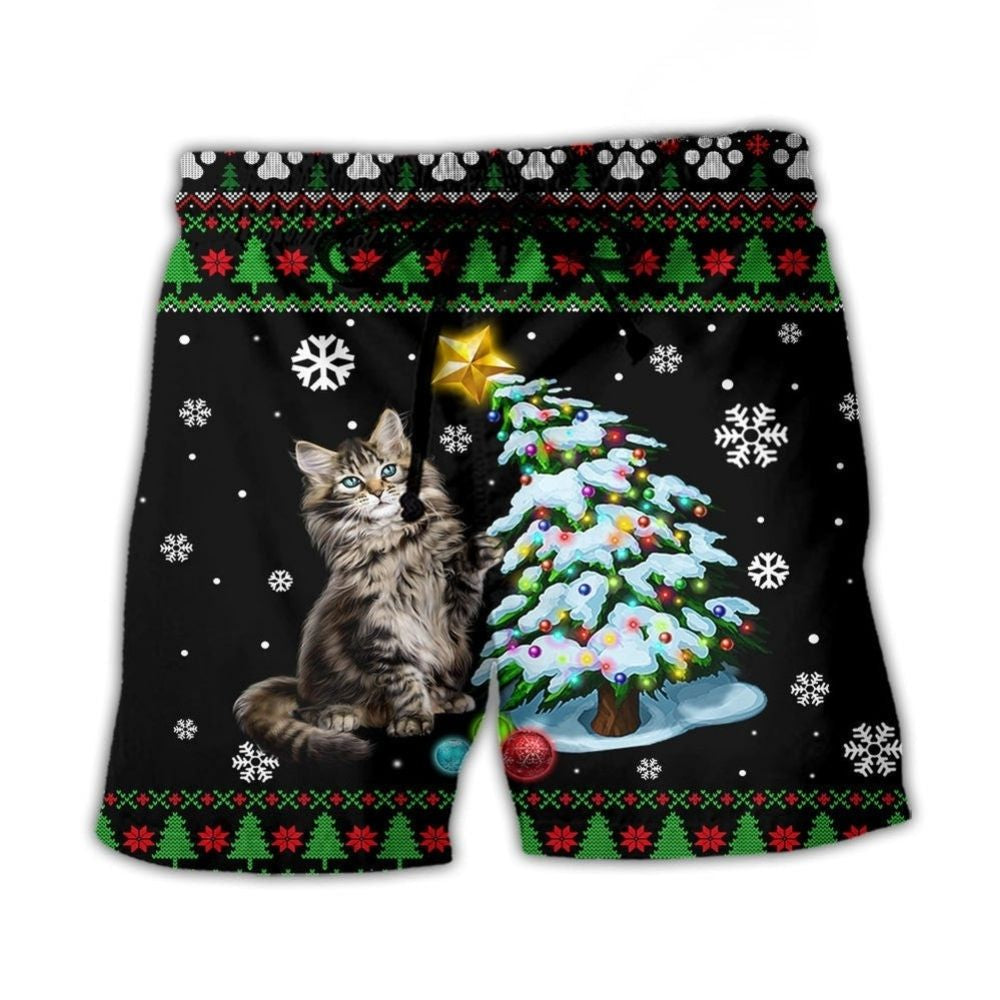 Funny Cat Wrecking Tree Christmas Art – Beach Short