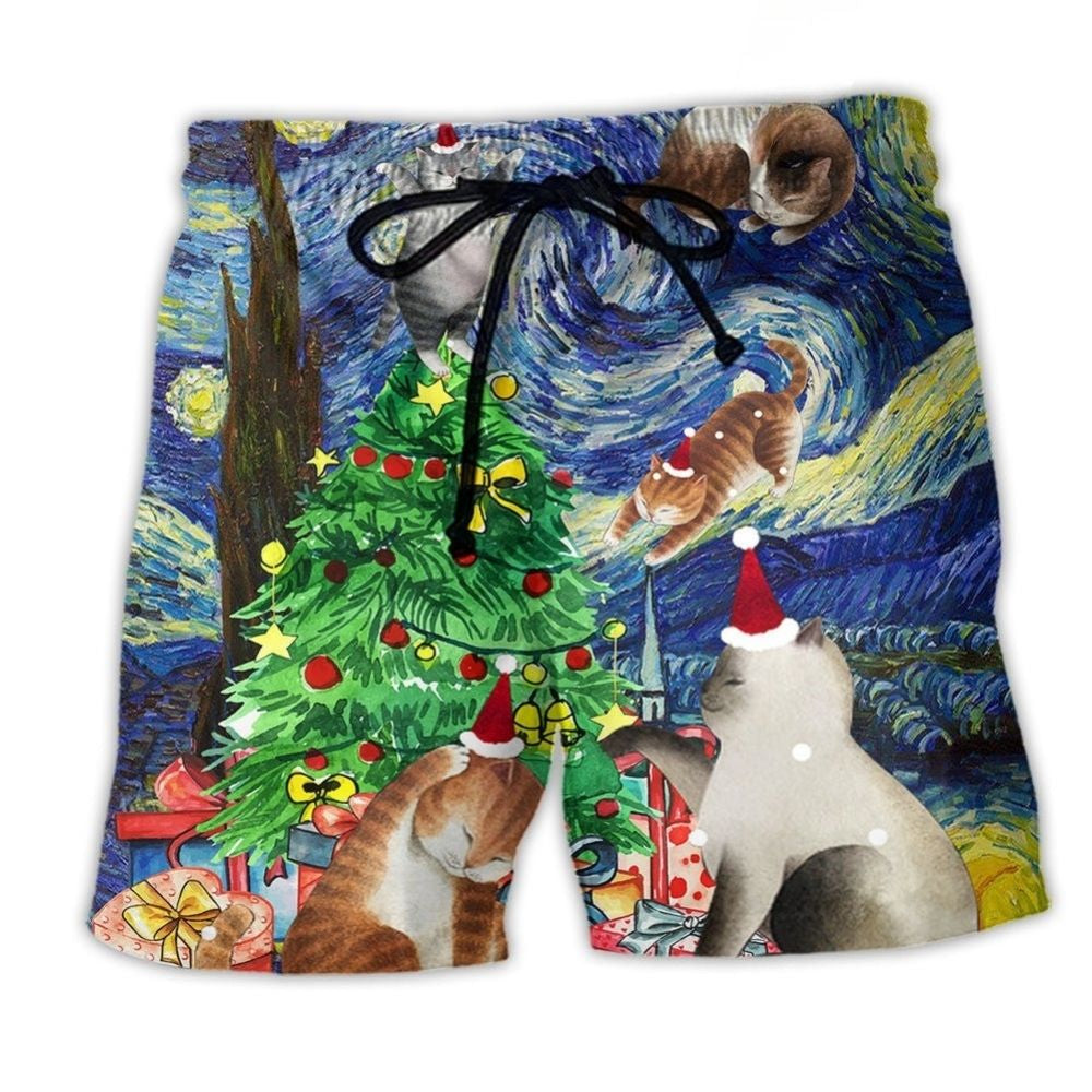 Christmas Cat Playing In Starry Night – Beach Short