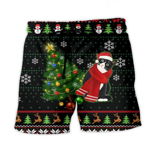 Cat Wreck The Tree Happy Ugly Style Christmas - Beach Short