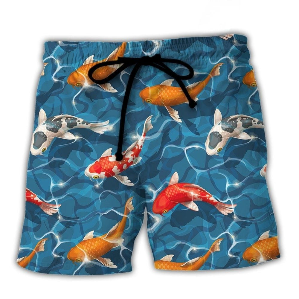 Colorful Koi Fish Swimming In Garden Pond – Beach Short