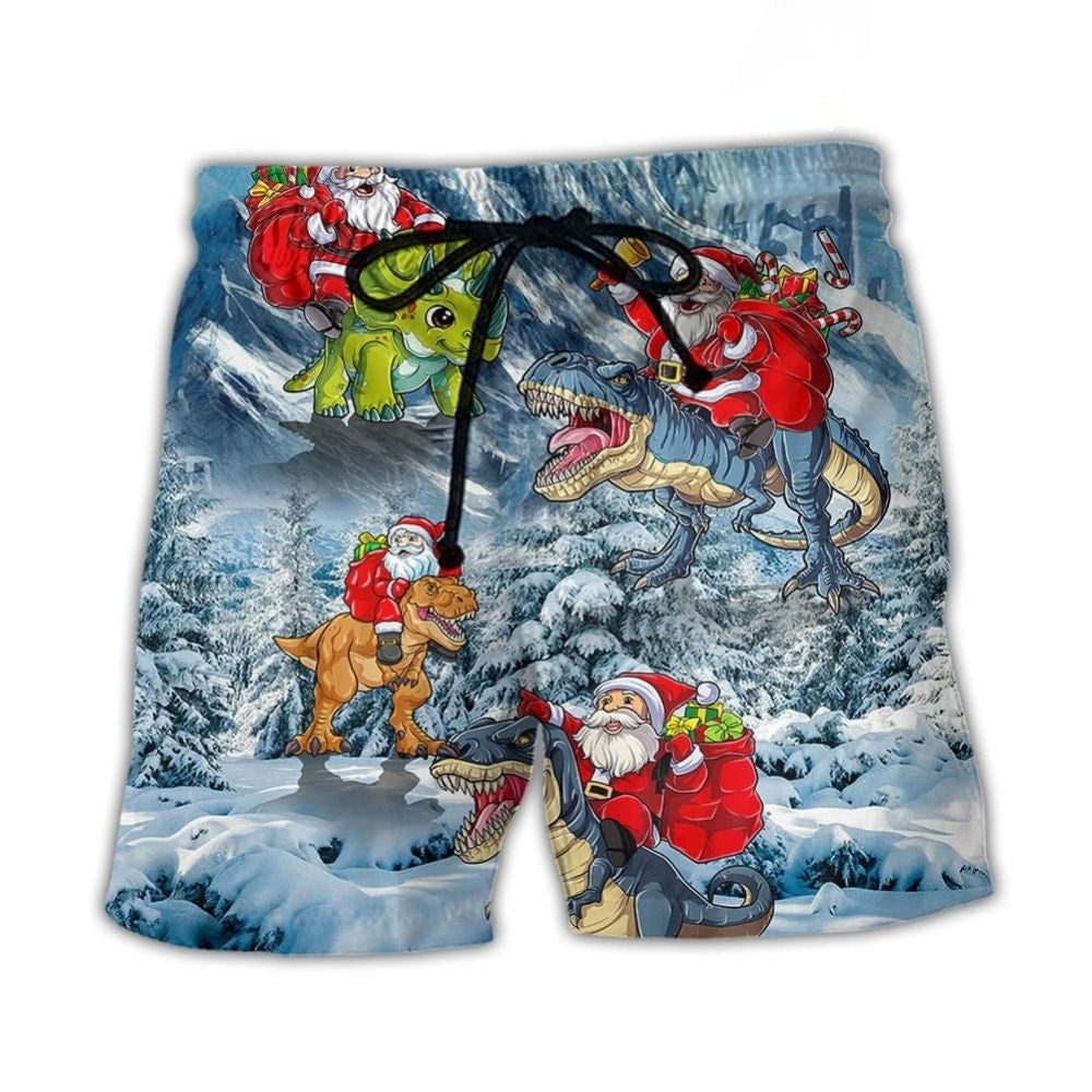 Santa Riding Dinosaur With Christmas Tree Lights – Beach Short