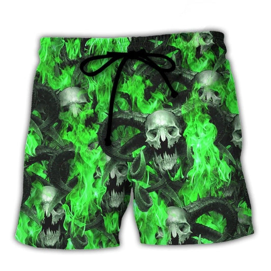 Skull Green Flame Burn - Beach Short