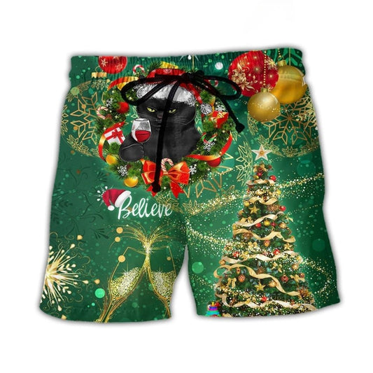 Black Cat Christmas Lights Festive Art – Beach Short