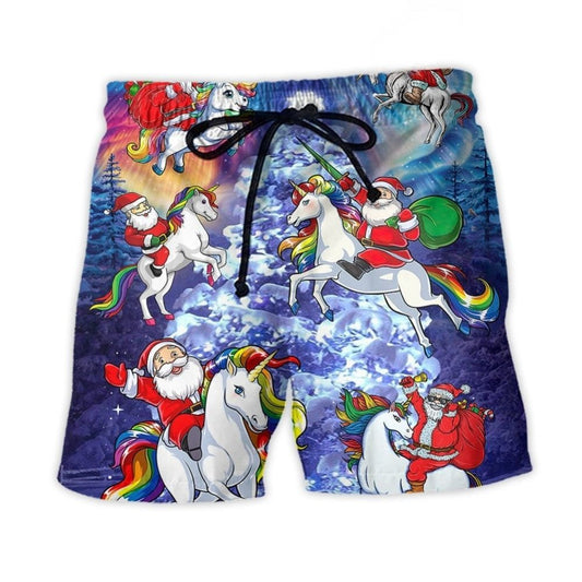 Santa Riding Unicorn In Snowy Mountains – Beach Short