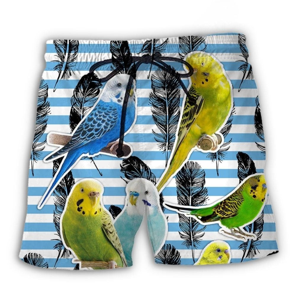 Blue And White Parakeet Stripe Art – Beach Short