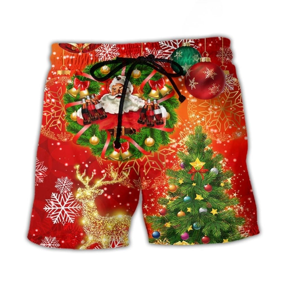 Santa Drinking By Christmas Tree Lights – Beach Short
