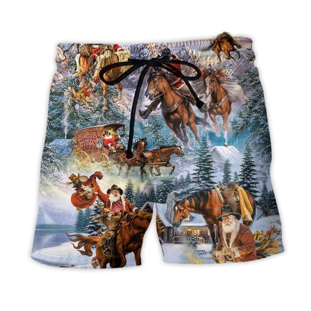 Santa Riding Horse In Snowy Mountains – Beach Short
