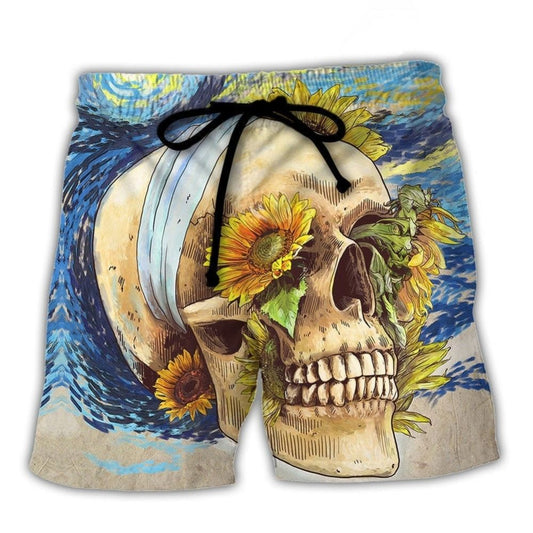 Skull And Sunflower Vintage Starry Art – Beach Short