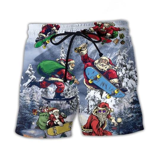 Santa Skateboarding Snowy Mountain Lights – Beach Short