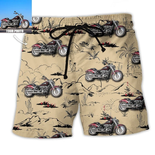 Motorcycle Desert Mountain Cactus Art Custom Photo - Beach Short