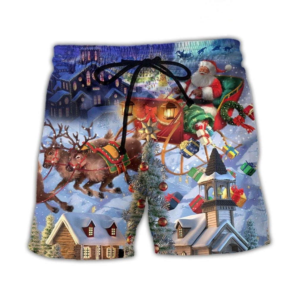 Santa And Reindeer Gift Light Art – Beach Short