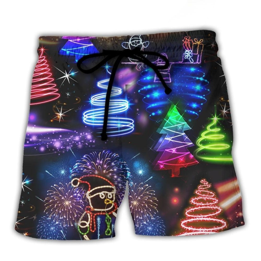 Neon Santa And Snowman Holiday Art – Beach Short