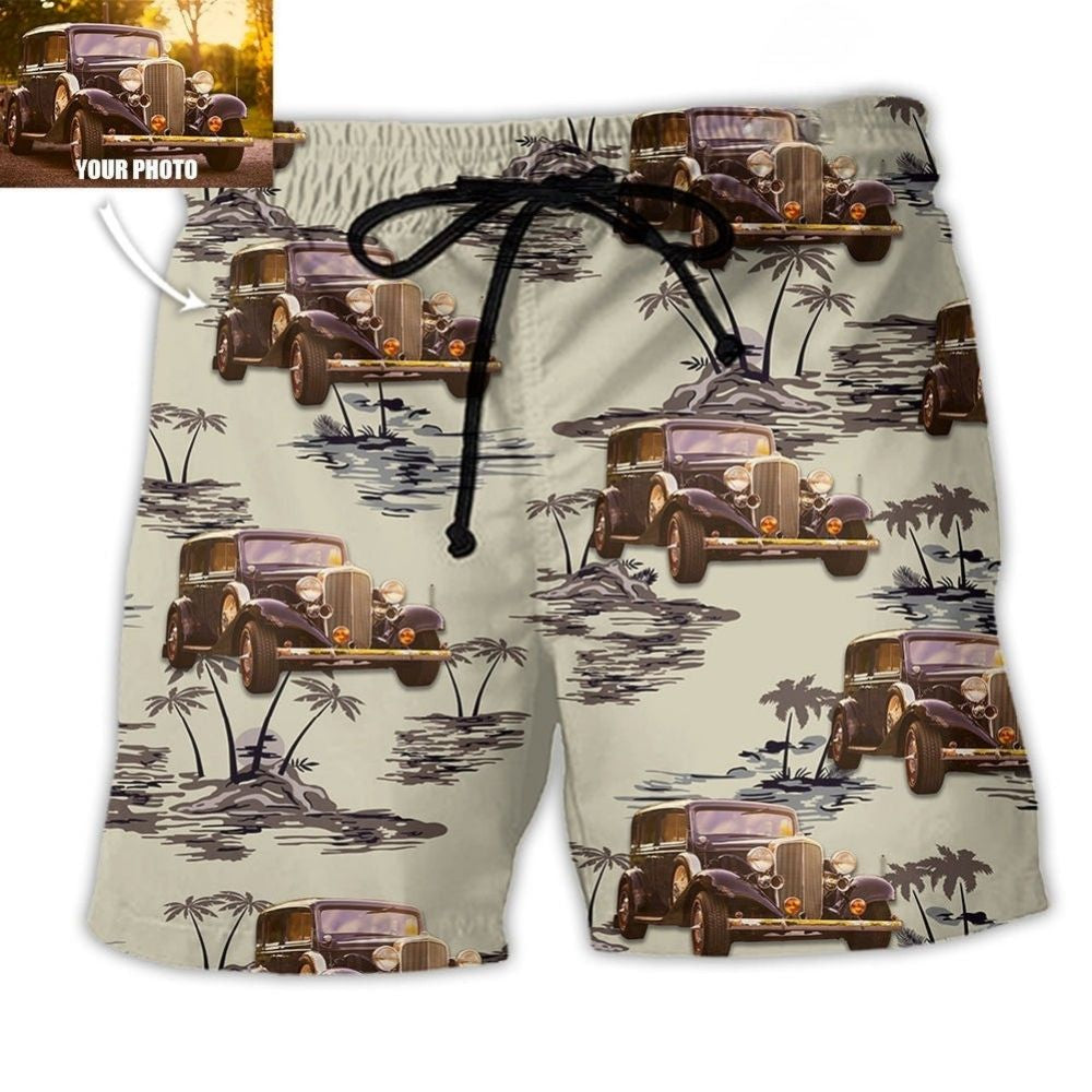 Vintage Car Tropical Island Palm Pattern Custom Photo - Beach Short