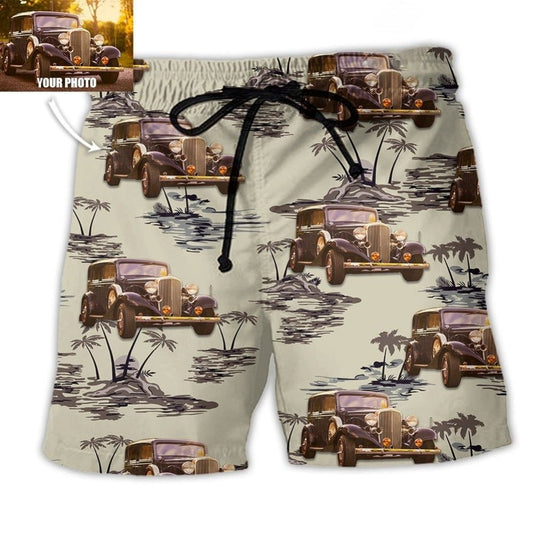 Vintage Car Tropical Island Palm Pattern Custom Photo - Beach Short