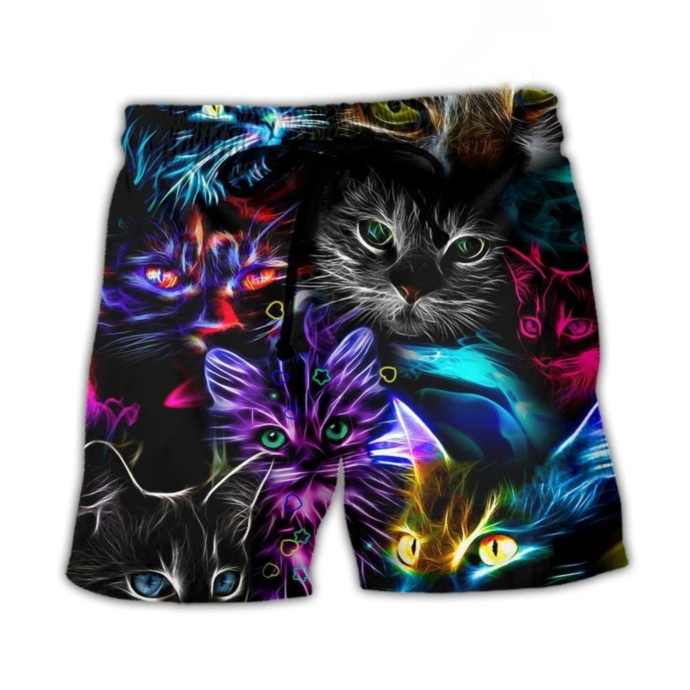 Funny Cat Neon Light Colorful Art – Beach Short