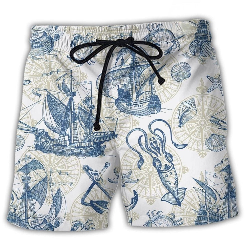 Vintage Sailboat Sea Monster Map Art – Beach Short