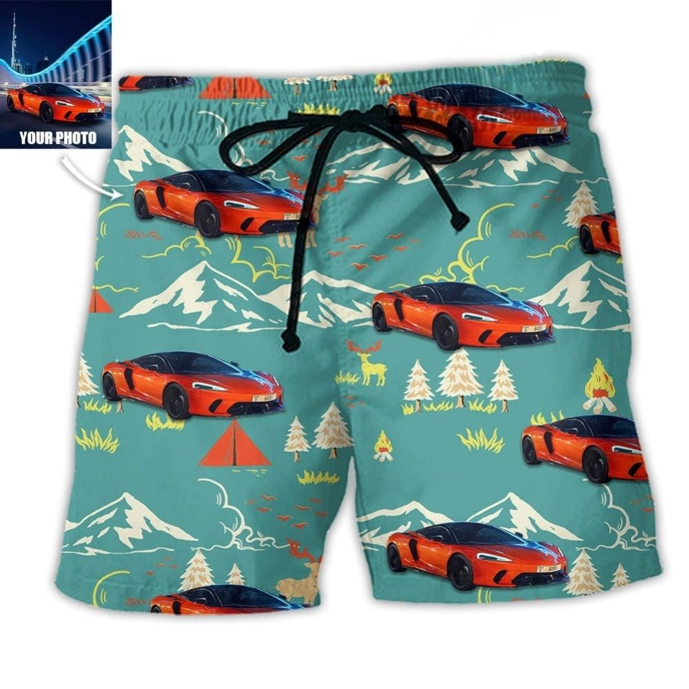 Car Driving Through Mountain Road Custom Photo - Beach Short