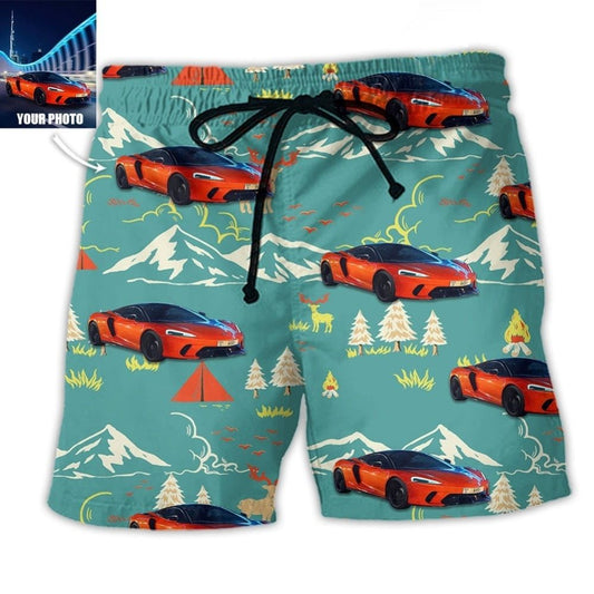 Car Driving Through Mountain Road Custom Photo - Beach Short