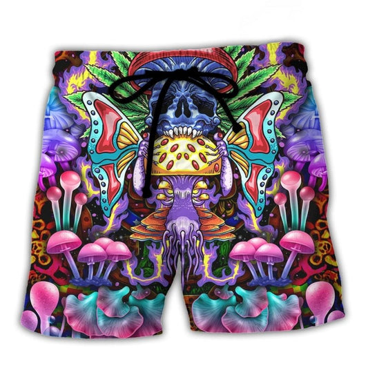 Hippie Mushroom And Skull Art - Beach Short
