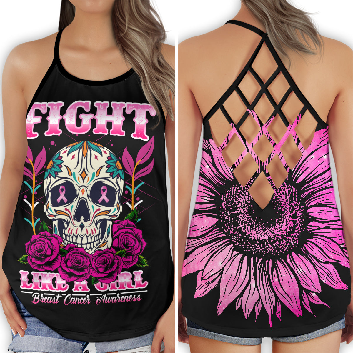 Breast Cancer Fight Like A Girl Strong Support Message - Hollow Tank Top