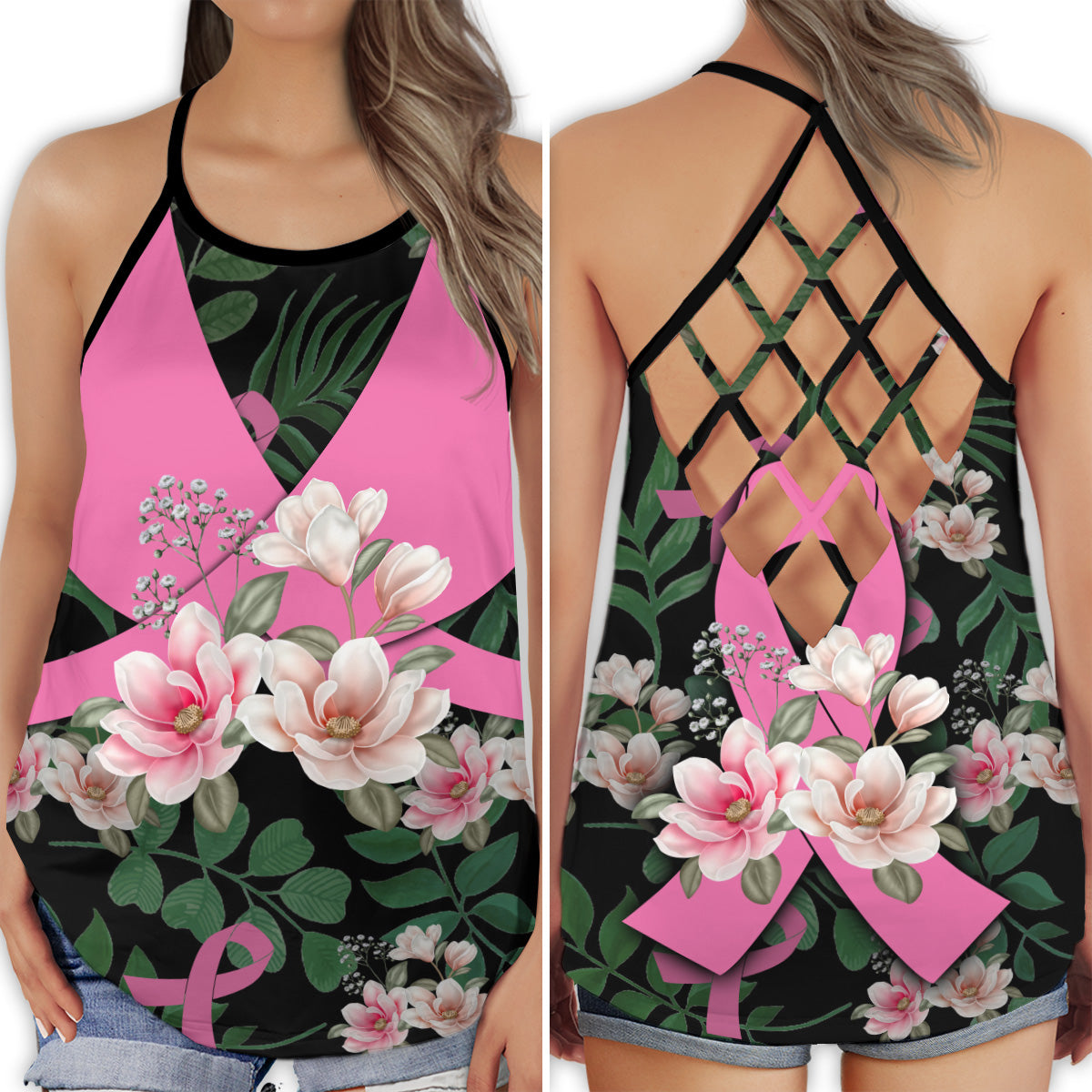 Breast Cancer Strong Floral Support – Hollow Tank Top