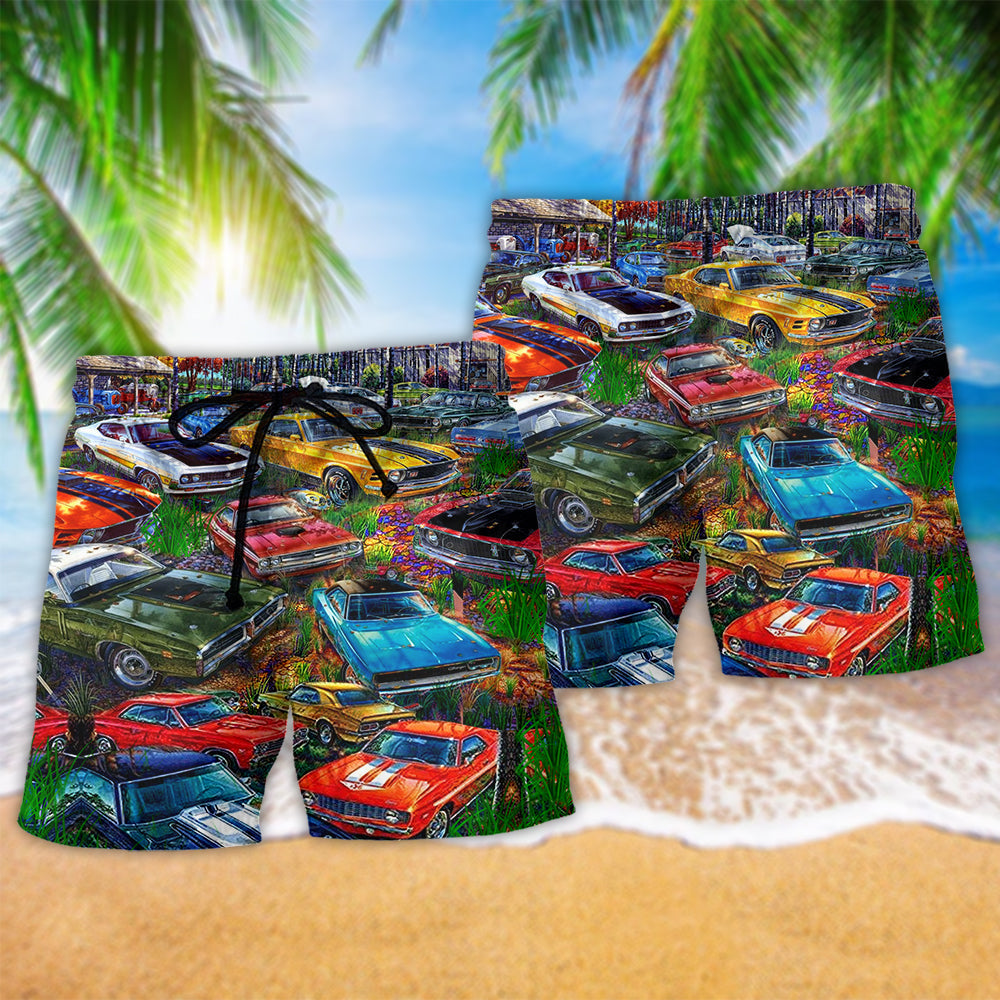 Car In The Garden Art Style – Beach Short