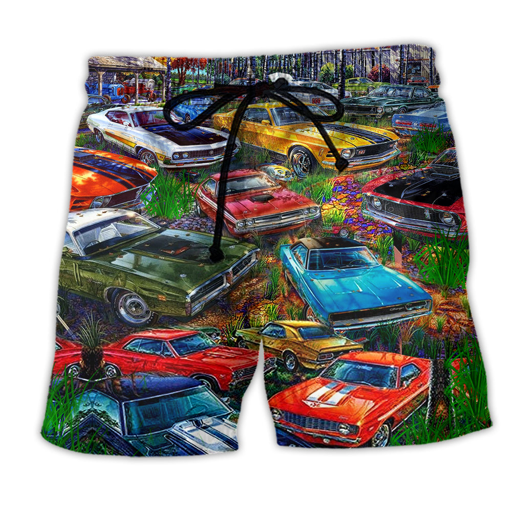 Car In The Garden Art Style – Beach Short