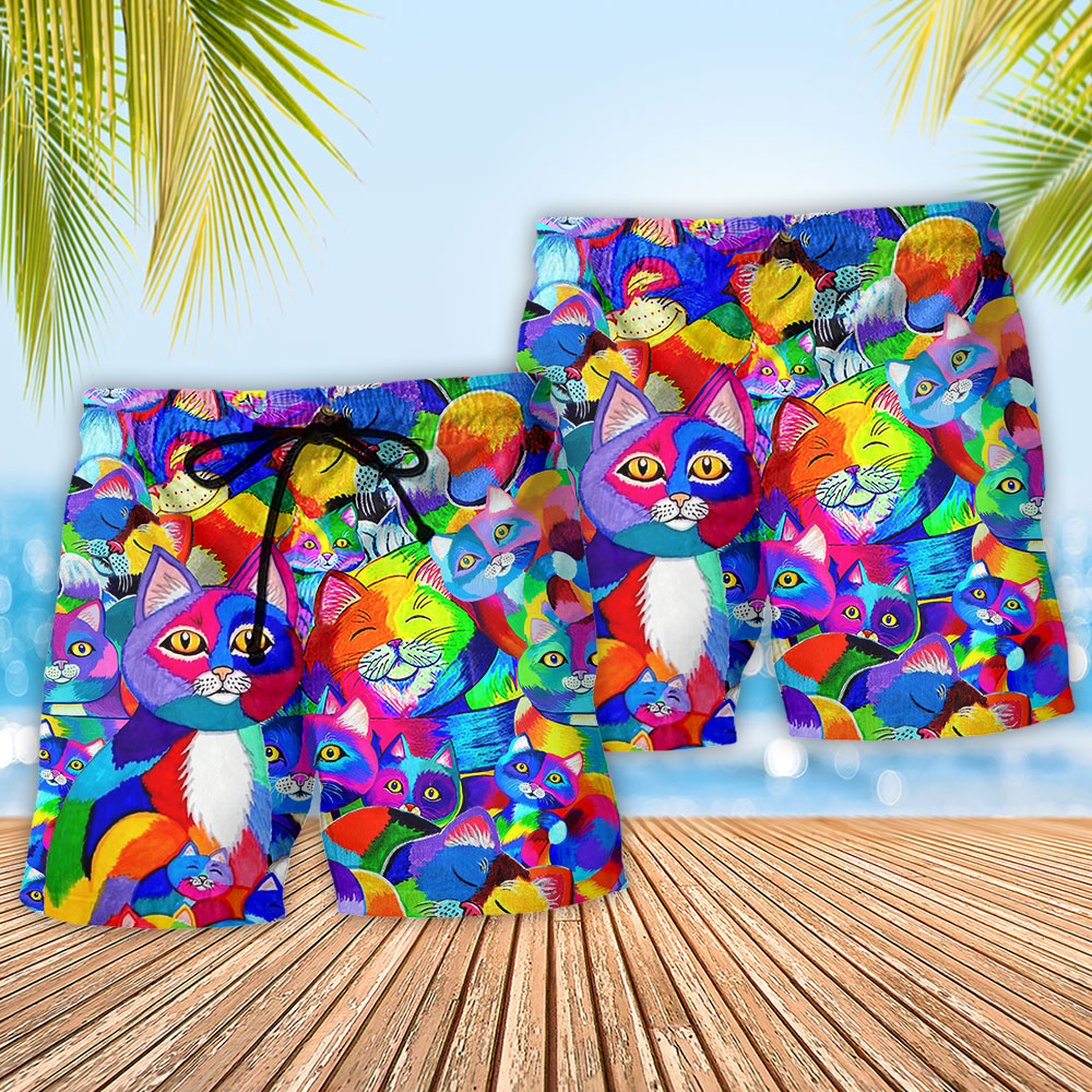 Colorful Rainbow Cat Art – Beach Short