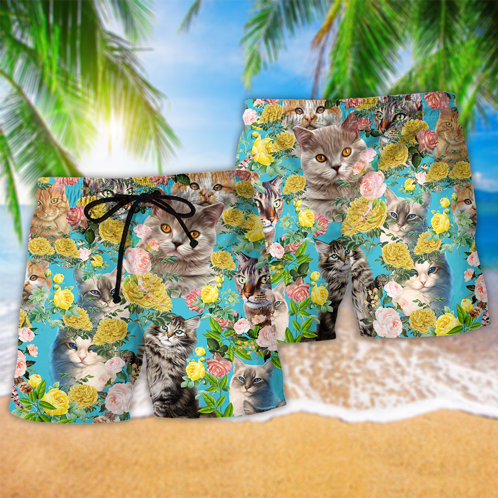 Cute Kitten With Flowers Art – Beach Short