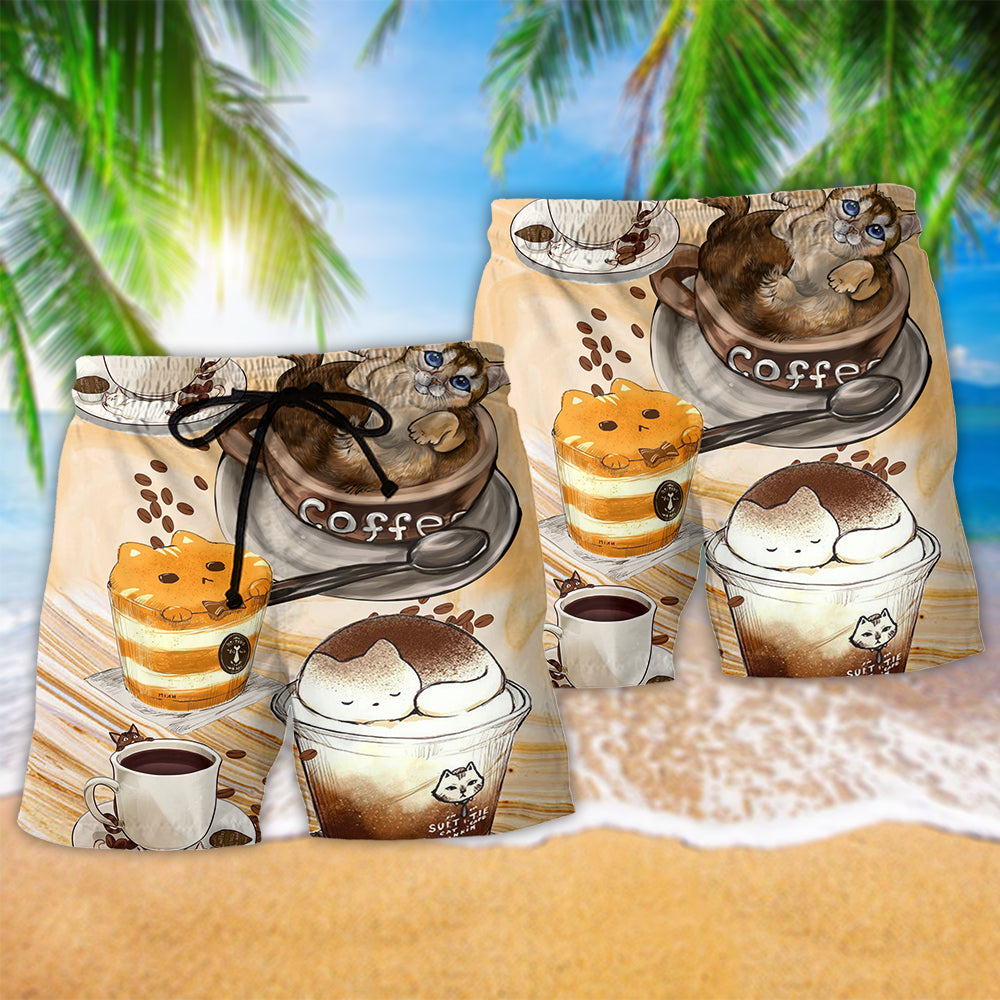Funny Cat On Coffee Cup - Beach Short