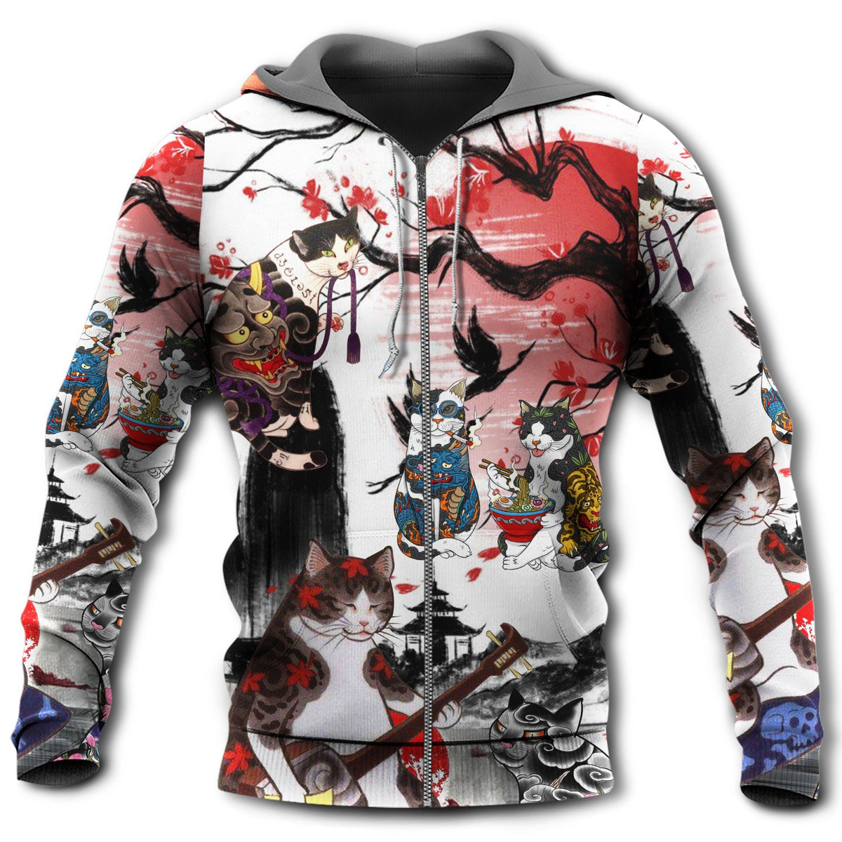 Japanese Style Cat Red Art - 3D Hoodie