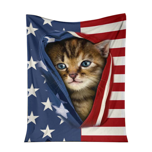Cat Kitten Opened American Flag 50 x 60 Inch Flannel Blanket For Cozy Bedroom And Sofa Decor