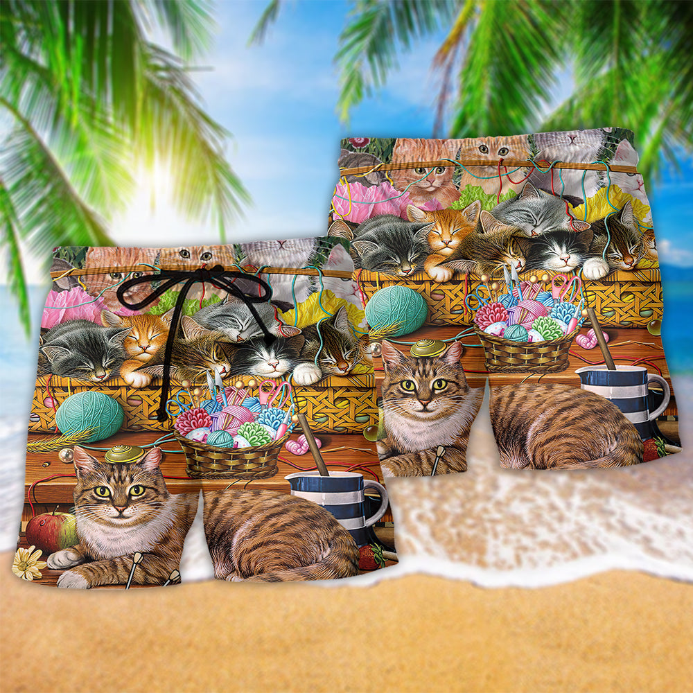 Cat Yarn Play Cute Art - Beach Short