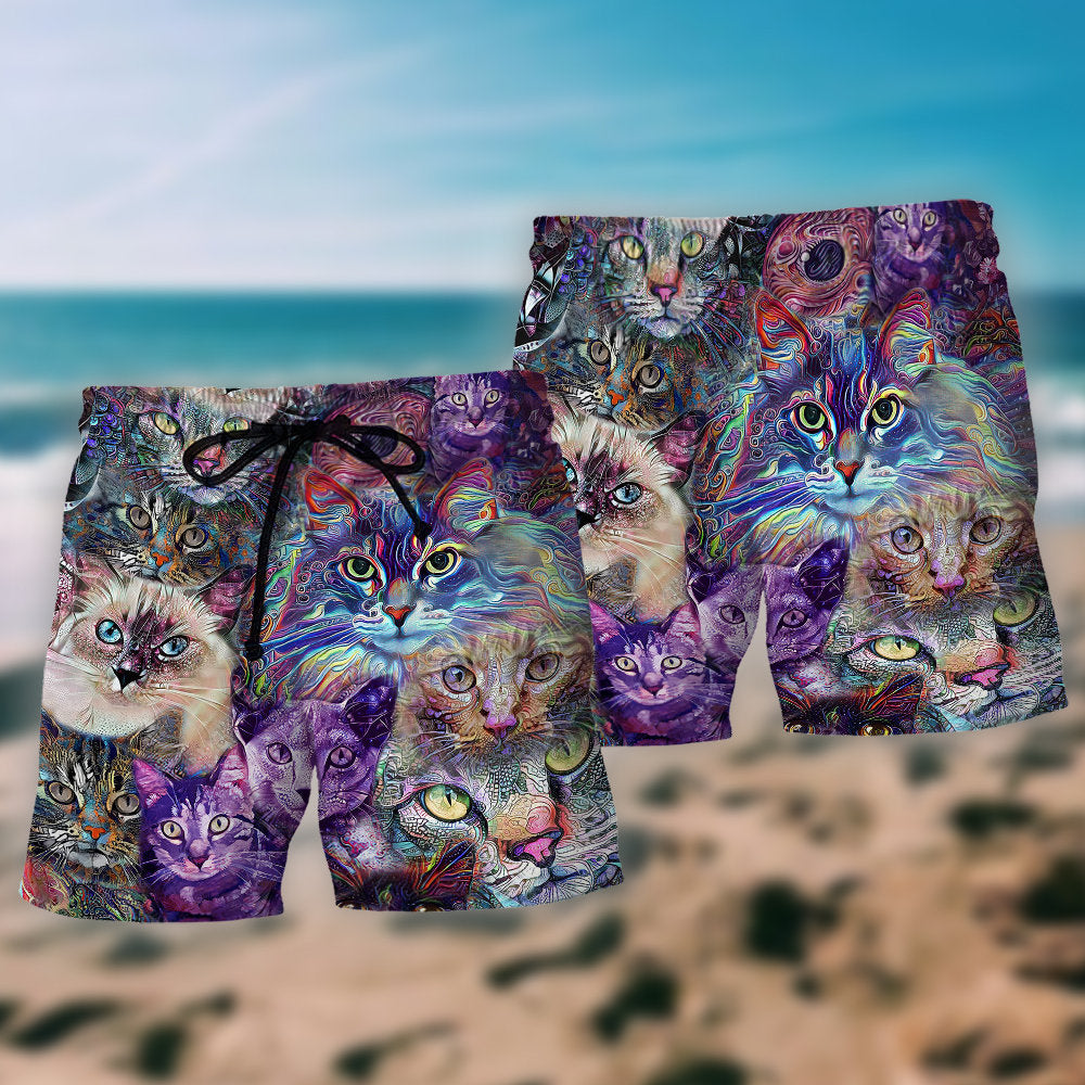 Psychedelic Purple Cat Art – Beach Short