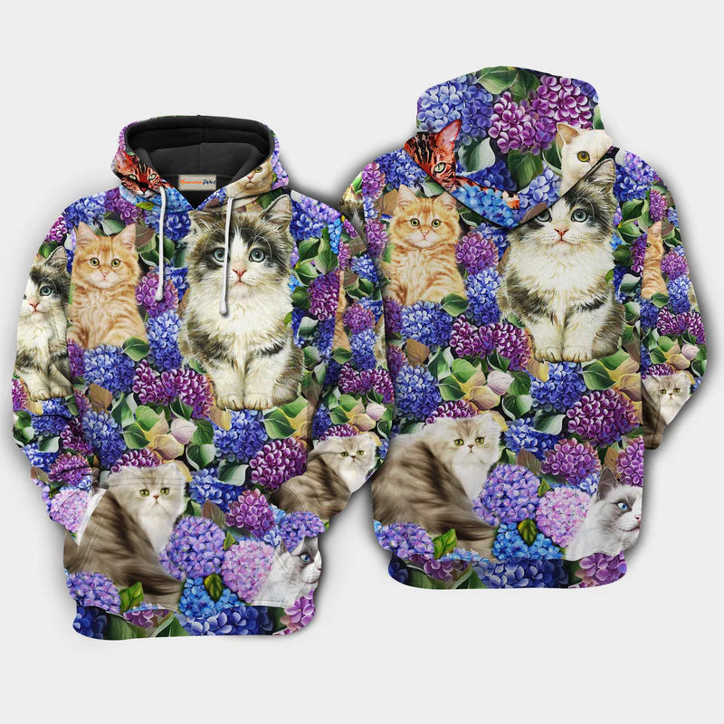 Cats Purple Flowers Lovely Art – 3D Hoodie