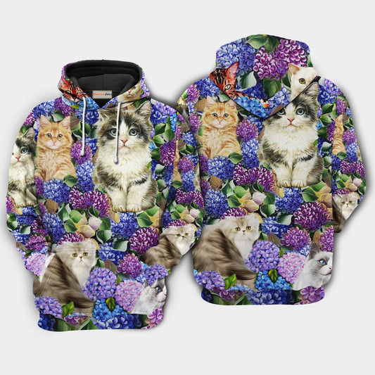 Cats Purple Flowers Lovely Art – 3D Hoodie