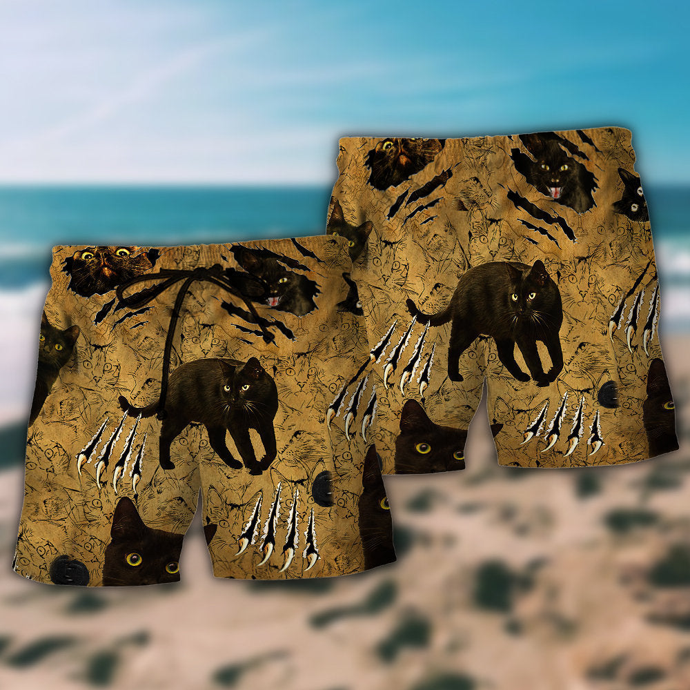 Cool Black Cat Put Your Paws Up Art – Beach Short