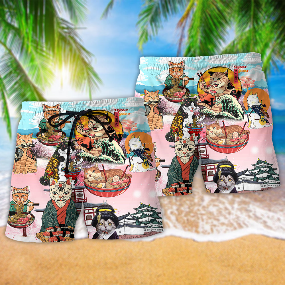 Cat Samurai With Ramen Art – Beach Short